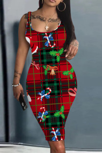 Green Red Casual Santa Claus Print Basic U Neck Vest Dresses