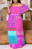 Tangerine Red Casual Print Patchwork Off Shoulder Long Plus Size Dresses