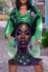 Light Green Casual Street Figure Print Pocket Contrast V Neck Printed Plus Size Dresses
