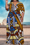 Brown Casual National Totem Print Lace Up Contrast V Neck Printed Plus Size Dresses