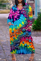 Blue Casual Print Basic V Neck Long Plus Size Dresses