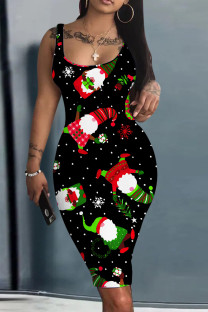 Black Casual Santa Claus Print Basic U Neck Vest Dresses