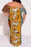 Tangerine Red Casual Print Patchwork Off Shoulder Long Plus Size Dresses