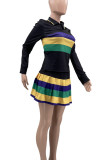 Black Casual Colorblock Buttons Patchwork Contrast Turndown Collar Long Sleeve Two Pieces