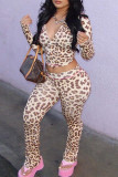 Leopard Print Casual Leopard Print Patchwork Zipper Zipper Collar Long Sleeve Two Pieces