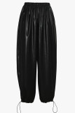 Black Casual Solid Color Draw String Patchwork Loose Mid Waist Patchwork Bottoms
