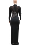 Black Elegant Solid Color Patchwork High Slit Hot Drill Zipper O Neck Long Dresses