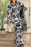 Multicolor Casual Print Draw String Patchwork O Neck Long Sleeve Two Pieces