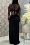 Black Elegant Solid Color Patchwork High Slit Hot Drill Zipper O Neck Long Dresses