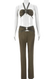 Army Green Sexy Solid Color Hollow Out Patchwork Backless Halter Sleeveless Two Pieces