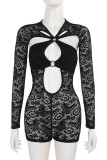 Black Sexy Solid Color Lace Hollow Out Patchwork O Neck Skinny Rompers