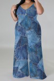 Blue Red Casual Faux Denim Print Backless Spaghetti Strap Plus Size Jumpsuits (With Headscarf)