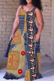 Blue Red Casual Faux Denim Print Backless Spaghetti Strap Plus Size Jumpsuits (With Headscarf)