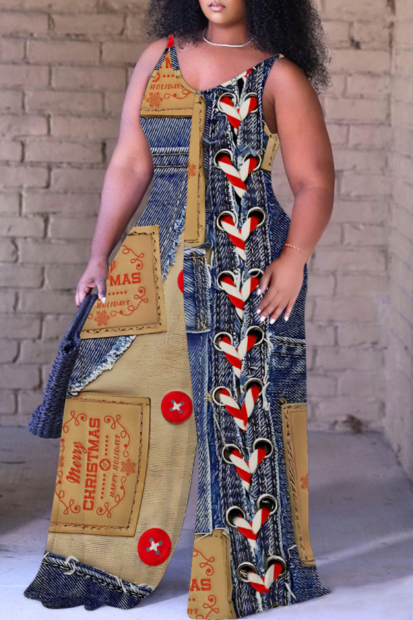 Blue Red Casual Faux Denim Print Backless Spaghetti Strap Plus Size Jumpsuits (With Headscarf)