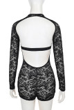 Black Sexy Solid Color Lace Hollow Out Patchwork O Neck Skinny Rompers