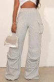 Grey Casual Solid Color Pocket Patchwork Loose High Waist Straight Patchwork Bottoms