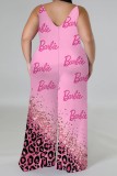 Pink Casual Print Backless Spaghetti Strap Plus Size Jumpsuits (With Headscarf)