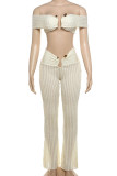 Apricot Sexy Solid Color Patchwork Backless Slit Off Shoulder Two Pieces