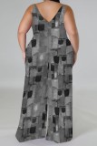 Blue Red Casual Faux Denim Print Backless Spaghetti Strap Plus Size Jumpsuits (With Headscarf)