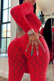 Red Sexy Solid Color Lace Hollow Out Patchwork O Neck Skinny Jumpsuits