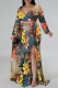 Brownness Elegant Floral Print Lace Up Slit V Neck Printed Plus Size Dresses