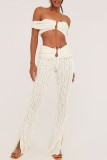 Apricot Sexy Solid Color Patchwork Backless Slit Off Shoulder Two Pieces