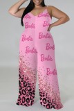 Pink Casual Print Backless Spaghetti Strap Plus Size Jumpsuits (With Headscarf)