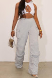 Grey Casual Solid Color Pocket Patchwork Loose High Waist Straight Patchwork Bottoms