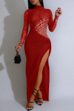Black Elegant Solid Color Patchwork High Slit Hot Drill Zipper O Neck Long Dresses