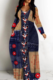 Blue Casual Faux Denim Print Basic V Neck Long Dresses