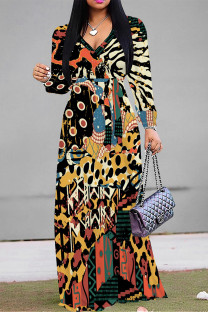 Leopard Print Elegant Geometric Print Snakeskin Print Leopard Lace Up Contrast V Neck Printed Dresses