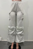 Grey Casual Solid Color Pocket Patchwork Loose High Waist Straight Patchwork Bottoms