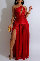 Red Elegant Solid Color Hollow Out Patchwork Slit Oblique Collar Long Dresses