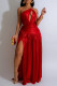 Red Elegant Solid Color Hollow Out Patchwork Slit Oblique Collar Long Dresses