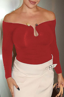 Red Sexy Solid Color Patchwork Backless Off Shoulder Tops