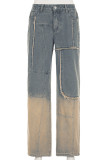 Blue Street Gradient Color Pocket Buttons Patchwork Zipper Mid Waist Loose Denim Jeans