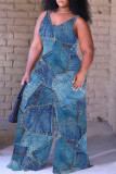 Blue Red Casual Faux Denim Print Backless Spaghetti Strap Plus Size Jumpsuits (With Headscarf)