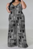 Blue Red Casual Faux Denim Print Backless Spaghetti Strap Plus Size Jumpsuits (With Headscarf)