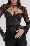 Black Sexy Solid Color Lace Hollow Out Patchwork Strap Design Asymmetrical Collar Tops