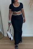 Black Sexy Solid Color Hollow Out Patchwork Metal Accessories Trim O Neck Long Dresses
