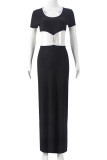 Black Sexy Solid Color Hollow Out Patchwork Metal Accessories Trim O Neck Long Dresses