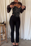 Black Sexy Solid Color Lace Hollow Out Patchwork Strap Design Asymmetrical Collar Tops