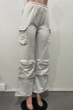 Grey Casual Solid Color Pocket Patchwork Loose High Waist Straight Patchwork Bottoms