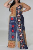 Blue Red Casual Faux Denim Print Backless Spaghetti Strap Plus Size Jumpsuits (With Headscarf)