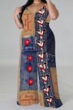Blue Red Casual Faux Denim Print Backless Spaghetti Strap Plus Size Jumpsuits (With Headscarf)