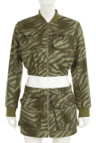 Green Casual Print Pocket Patchwork Zipper Zipper Collar Long Sleeve Two Pieces