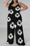 Pink Casual Print Backless Spaghetti Strap Plus Size Jumpsuits (With Headscarf)