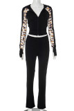 Black Casual Leopard Print Patchwork Zipper Zipper Collar Long Sleeve Two Pieces