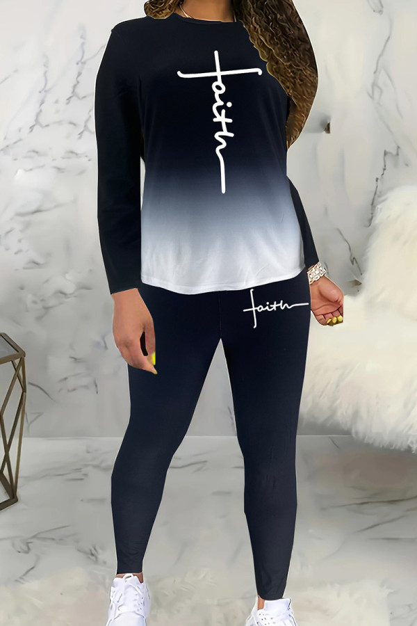 Black Casual Gradient Color Letters Patchwork O Neck Long Sleeve Two Pieces