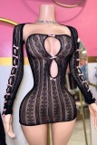 Black Sexy Hot Solid Color Hollow Out See-Through Strapless Long Sleeve Two Pieces